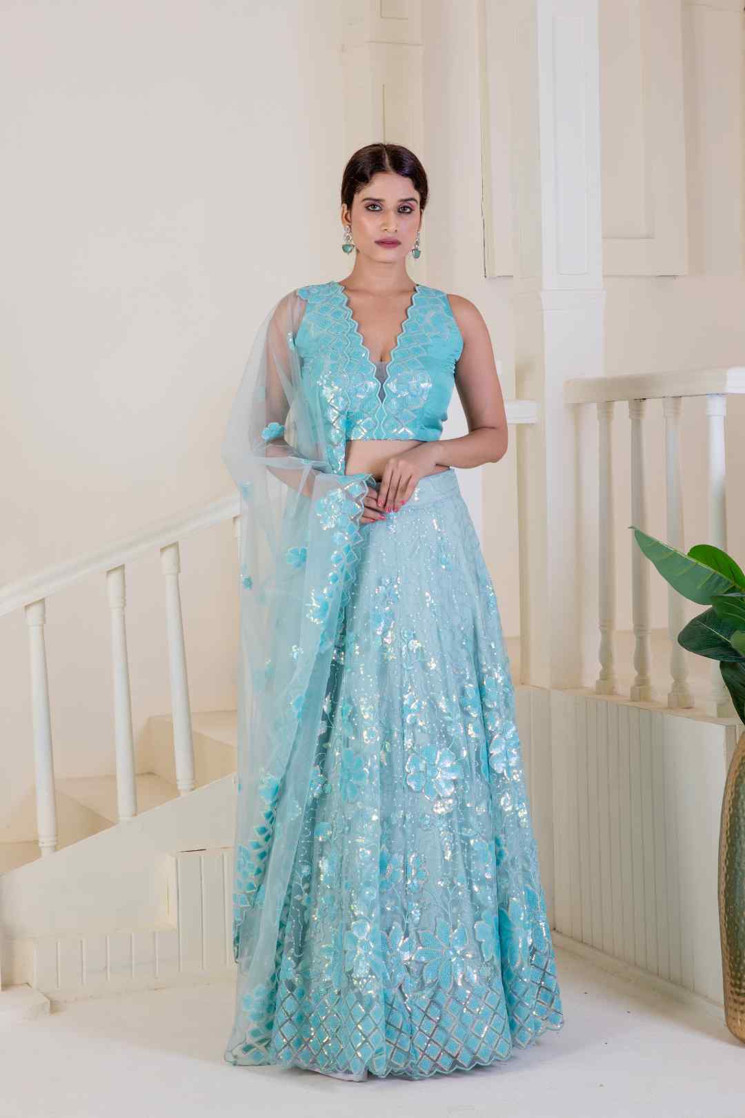 Electric blue lehenga with stunning sequence detailing