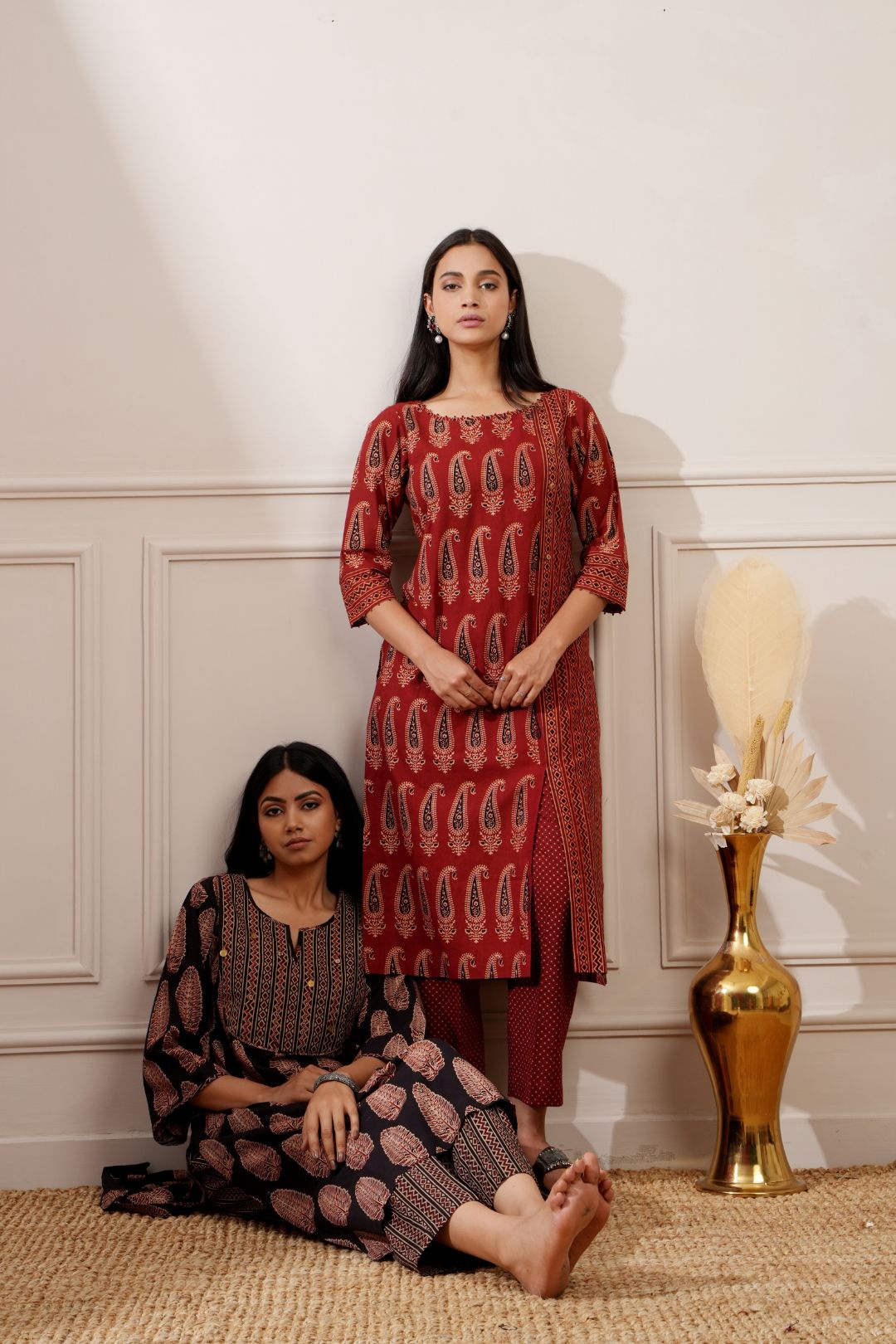 Rust Bagru Print Cotton Straight Kurta & Pant
