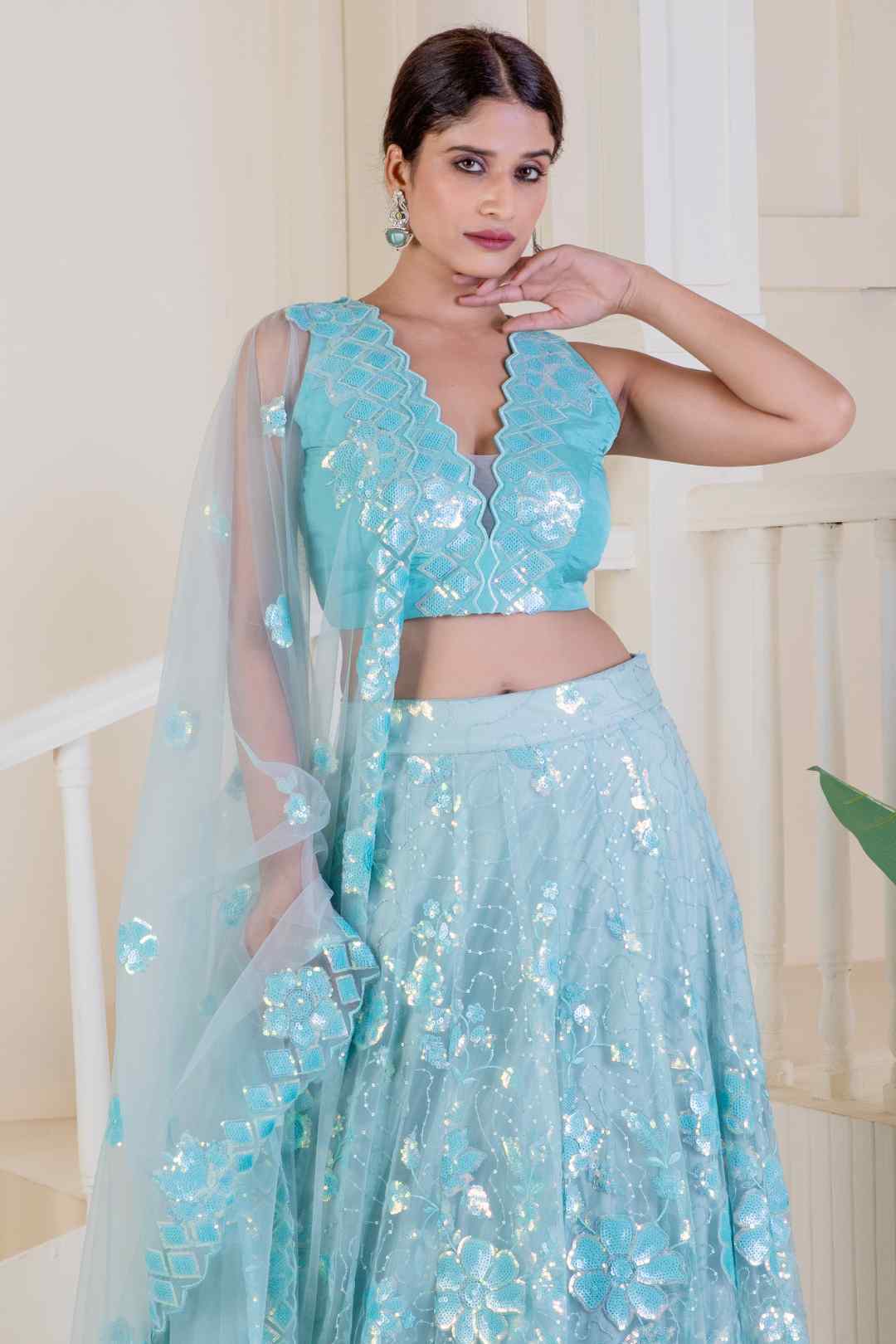 Electric blue lehenga with stunning sequence detailing