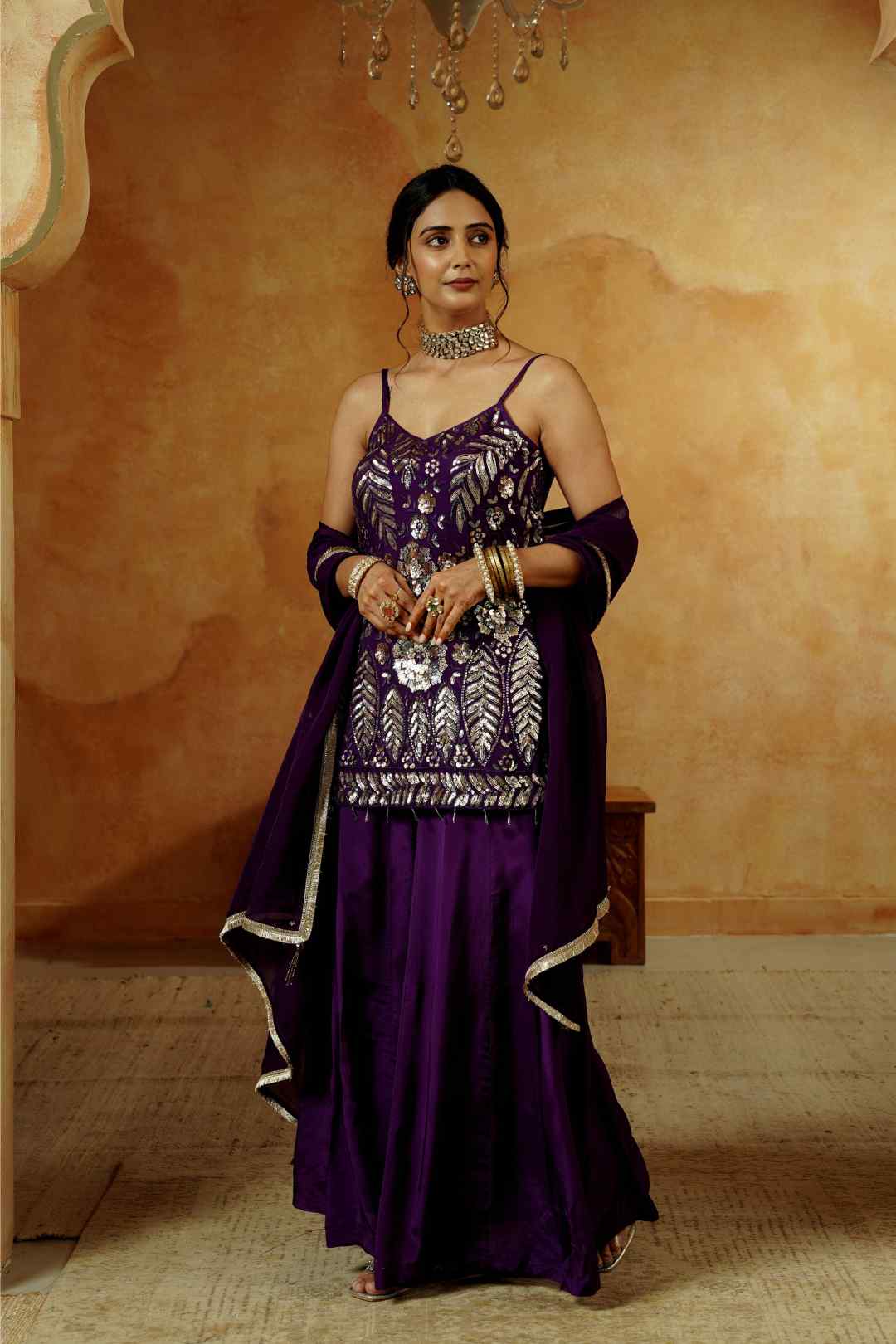 Purple Mirror Embroidered Sharara Set