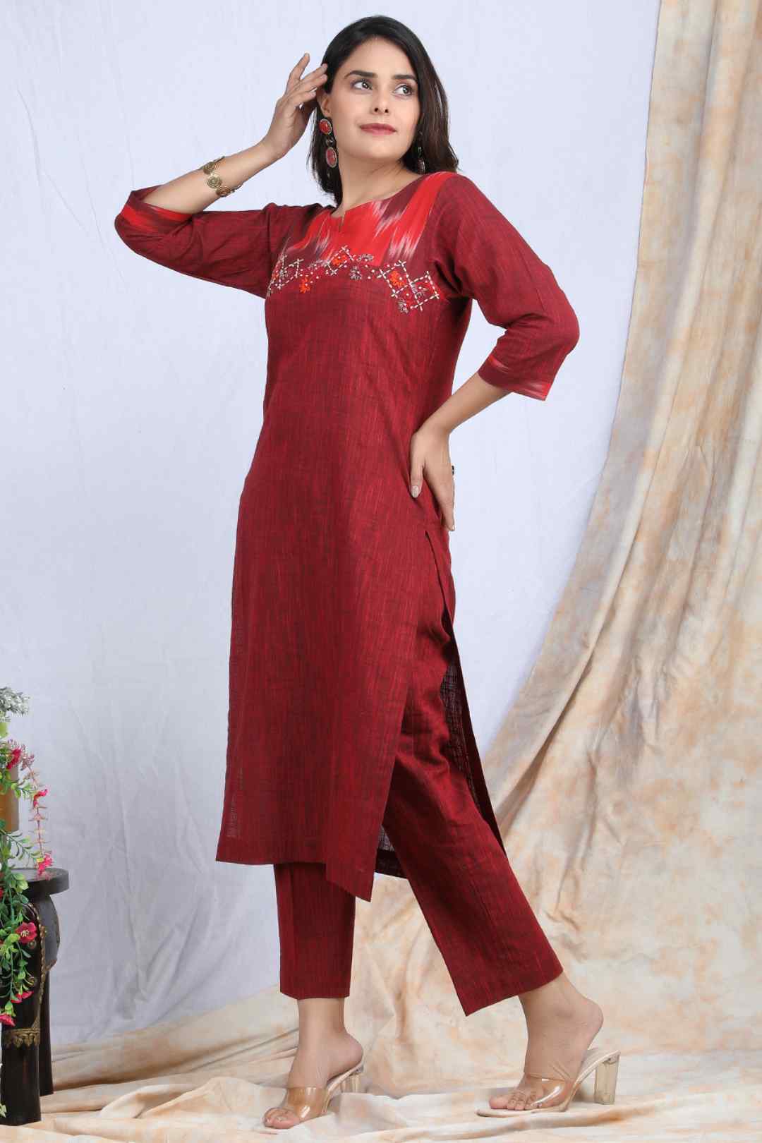 SINDOORI | Cotton Kurta Pant with Ikkat Yoke