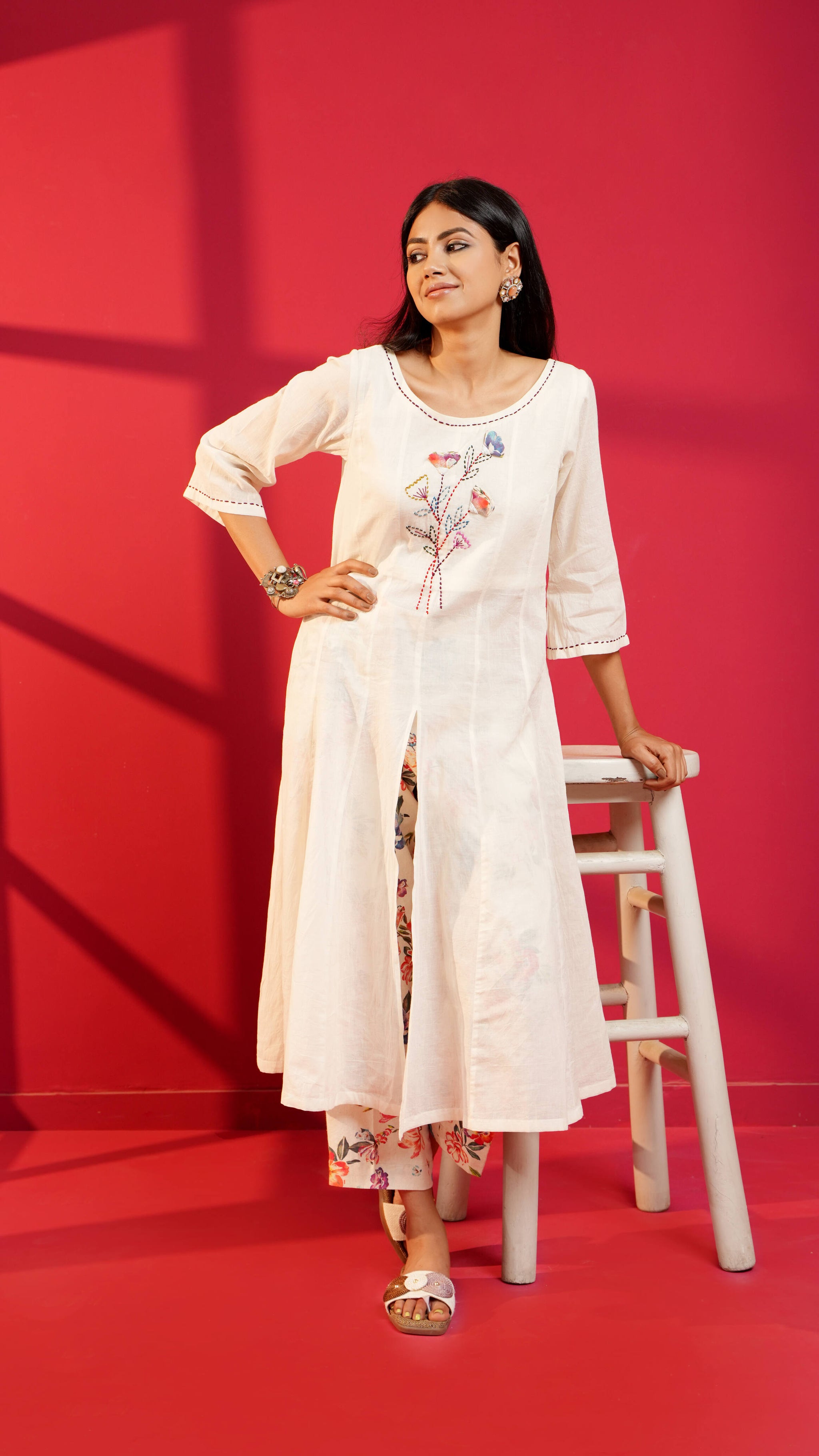 Off-White Hand-Embroidered Cotton Straight Kurta with Pant