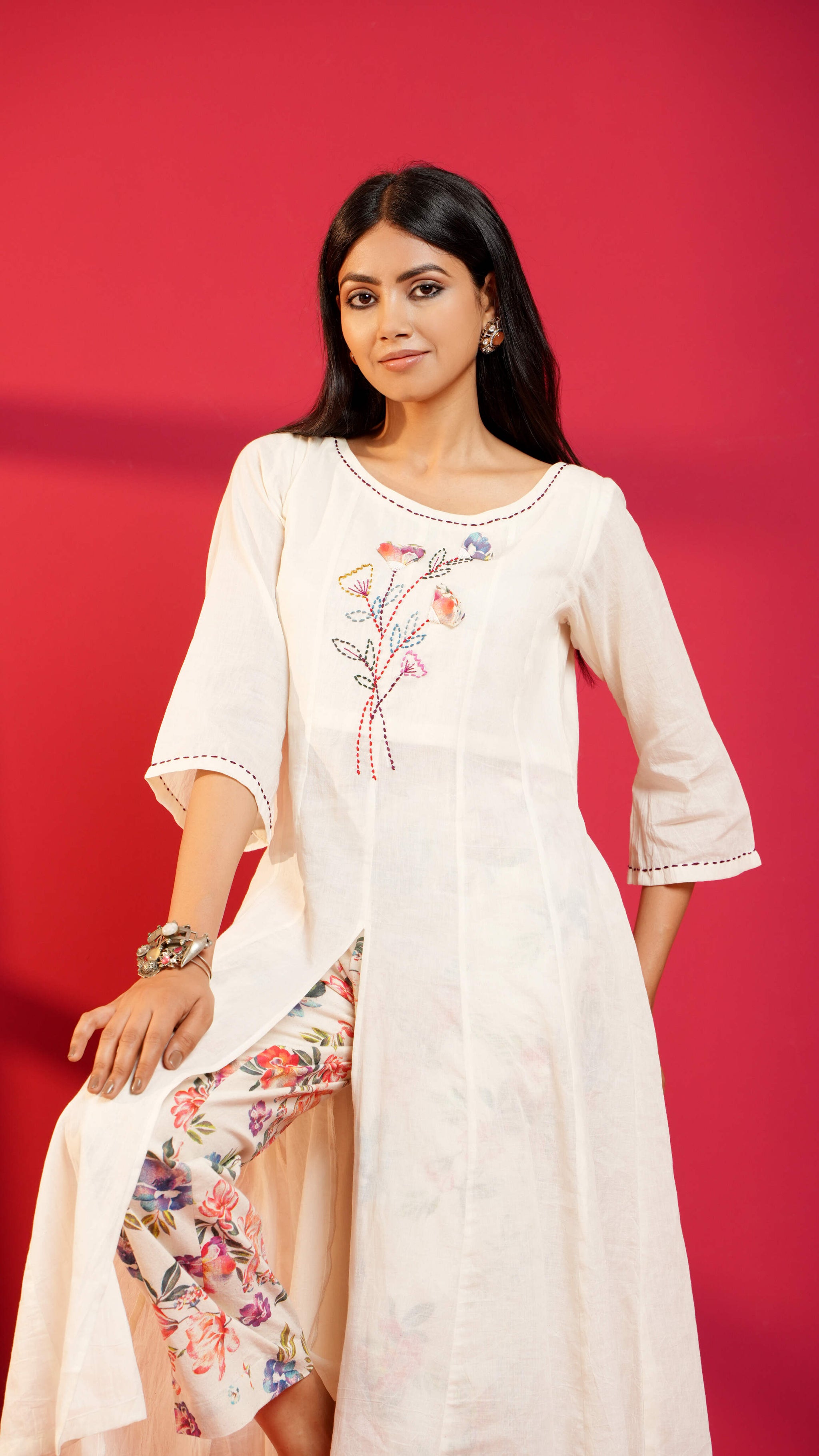 Off-White Hand-Embroidered Cotton Straight Kurta with Pant