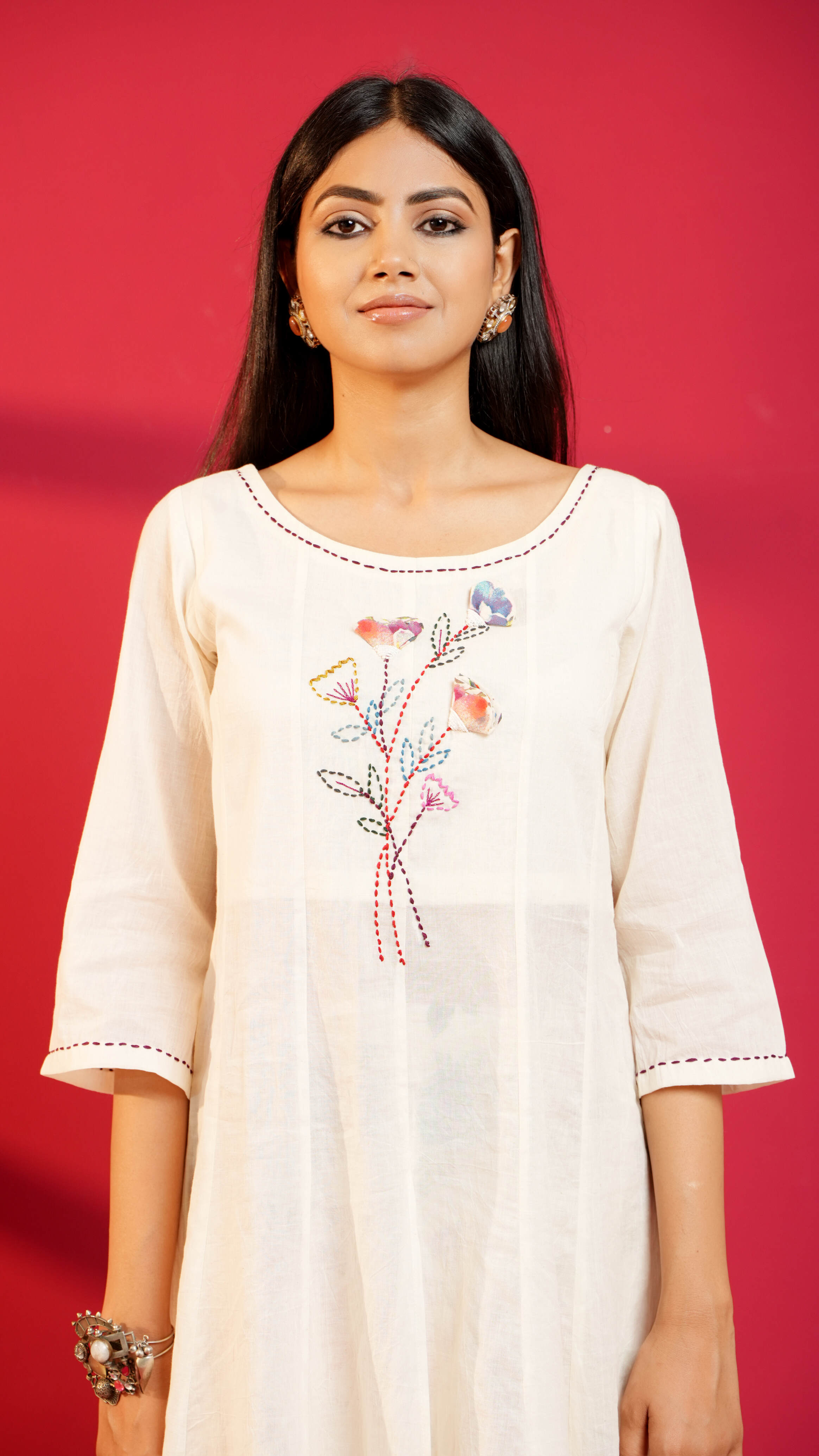 Off-White Hand-Embroidered Cotton Straight Kurta with Pant