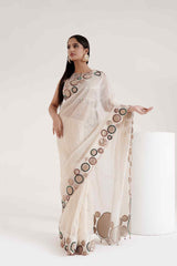 Aaila - Ivory Saree With Hand Embriodered Circular Detailing - Ritivesh By Ritika Aggarwal