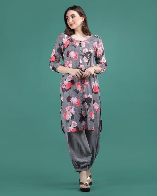 AANCHAL | Black Floral Print Kurta - Ritivesh By Ritika Aggarwal