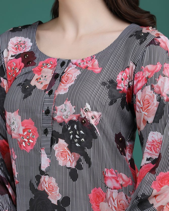 AANCHAL | Black Floral Print Kurta - Ritivesh By Ritika Aggarwal