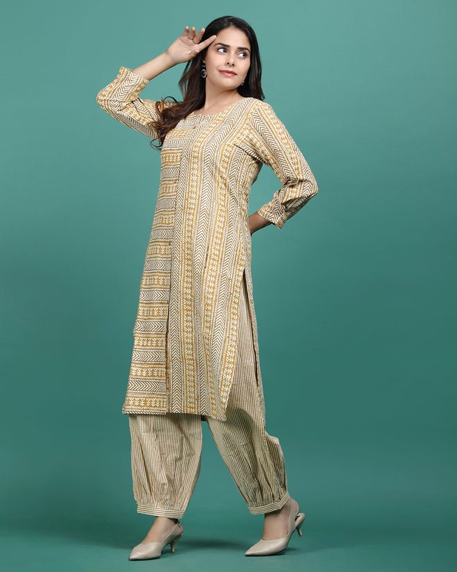 AANGAN | Mustard Bagru Print Kurti - Ritivesh By Ritika Aggarwal