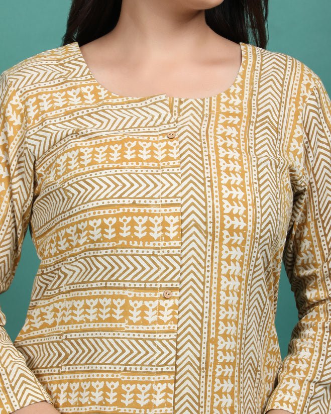 AANGAN | Mustard Bagru Print Kurti - Ritivesh By Ritika Aggarwal