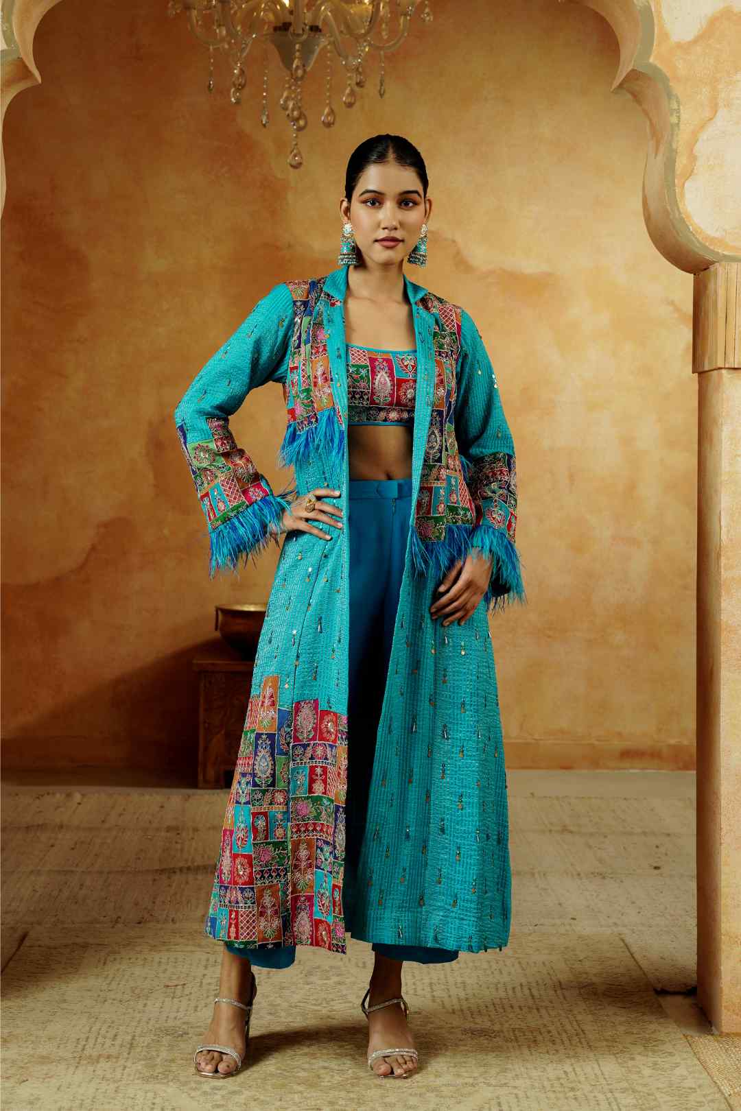 Aqua Blue Fusion Jacket Co - Ord Set - Ritivesh By Ritika Aggarwal