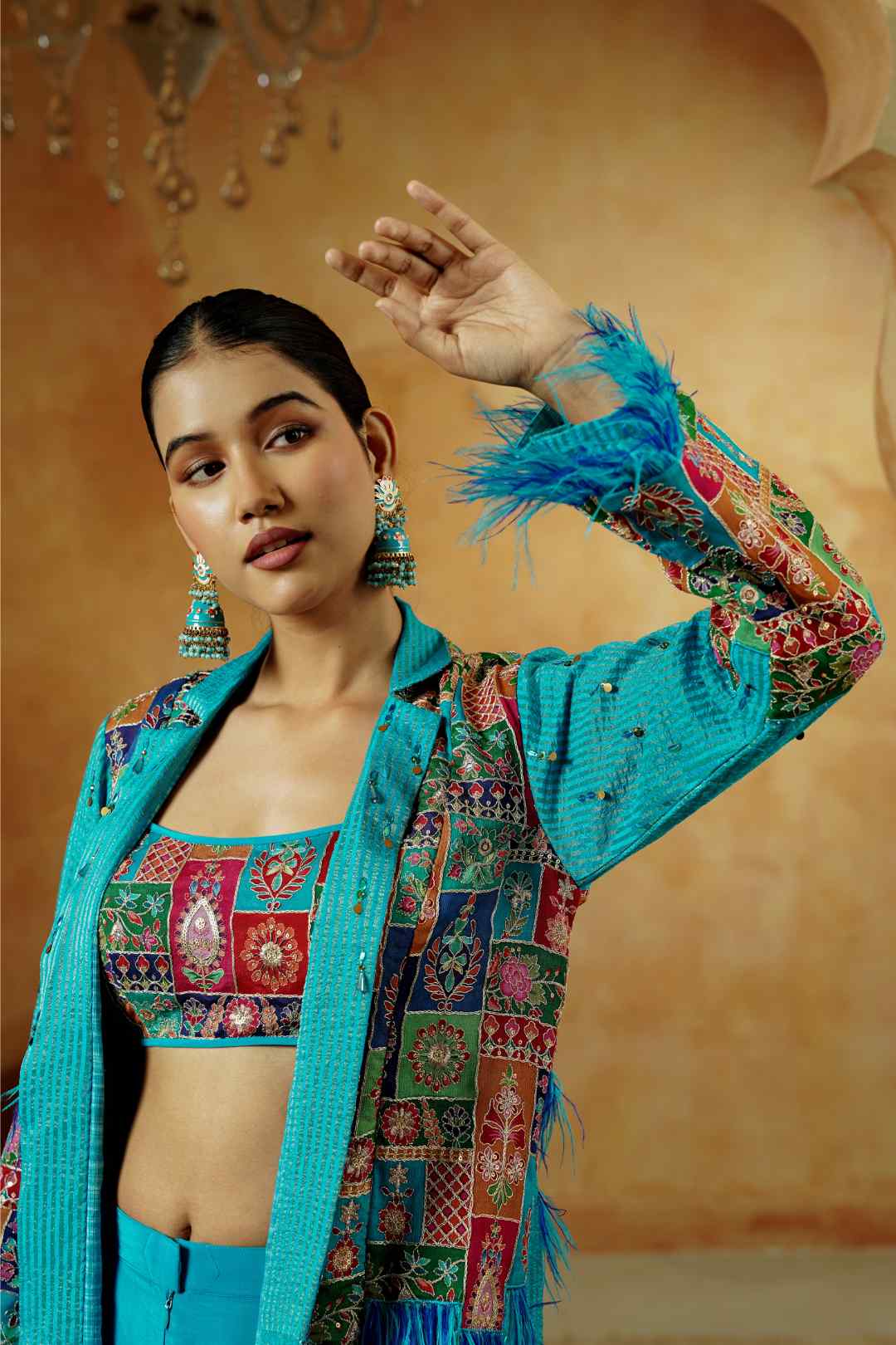 Aqua Blue Fusion Jacket Co - Ord Set - Ritivesh By Ritika Aggarwal