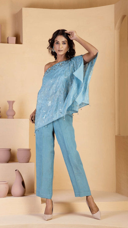 Asymmetrical Steal Blue coord set - Ritivesh By Ritika Aggarwal