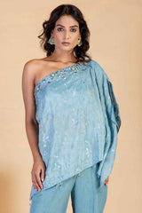 Asymmetrical Steal Blue coord set - Ritivesh By Ritika Aggarwal