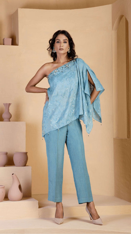 Asymmetrical Steal Blue coord set - Ritivesh By Ritika Aggarwal