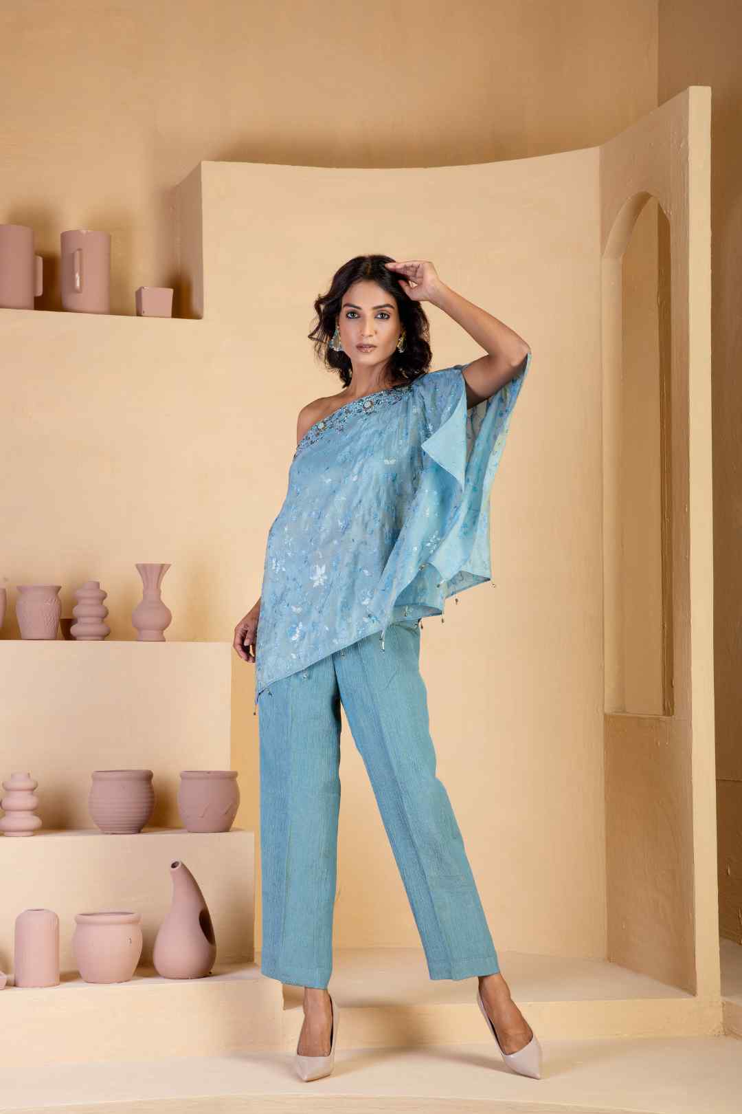 Asymmetrical Steal Blue coord set - Ritivesh By Ritika Aggarwal