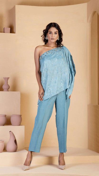 Asymmetrical Steal Blue coord set - Ritivesh By Ritika Aggarwal