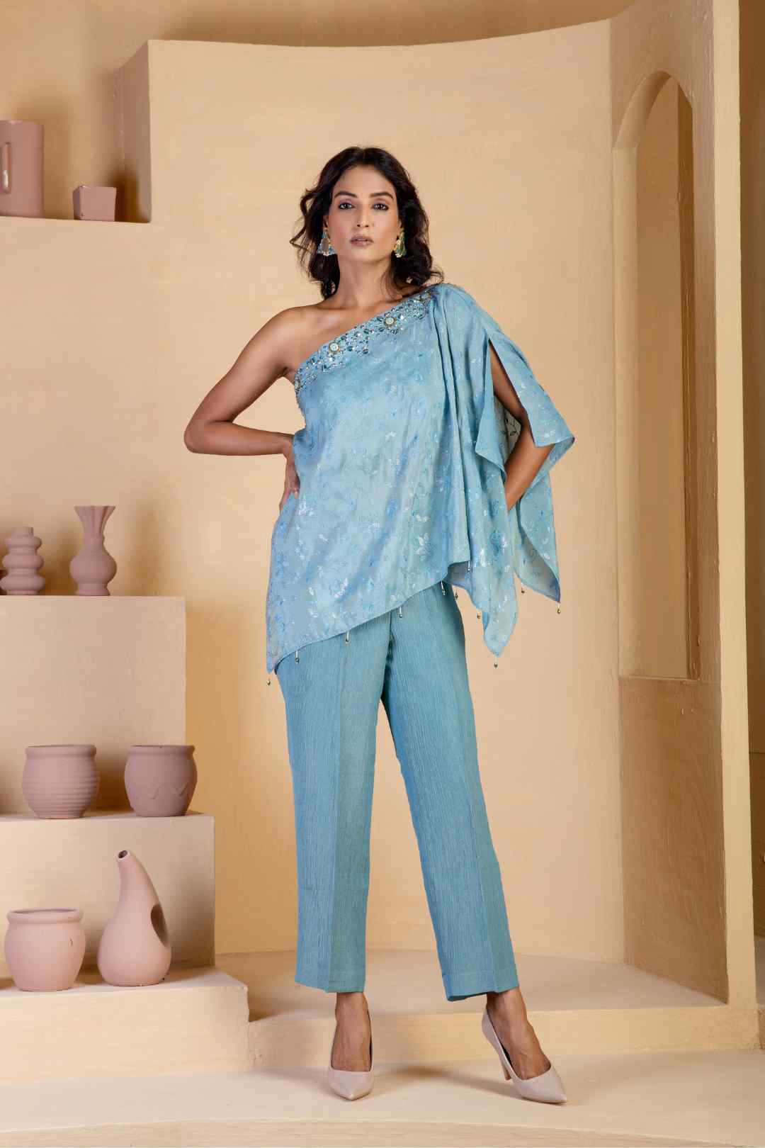 Asymmetrical Steal Blue coord set - Ritivesh By Ritika Aggarwal