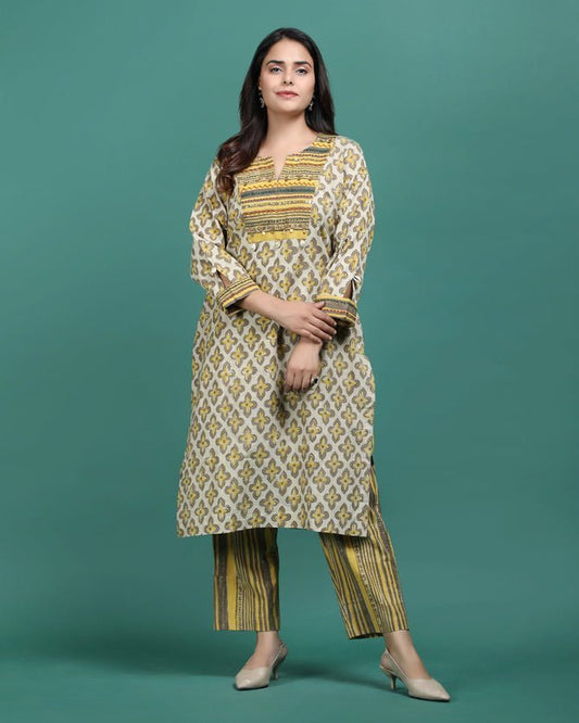 BAITHAK | Mustard Hand Emb Kurti - Ritivesh By Ritika Aggarwal