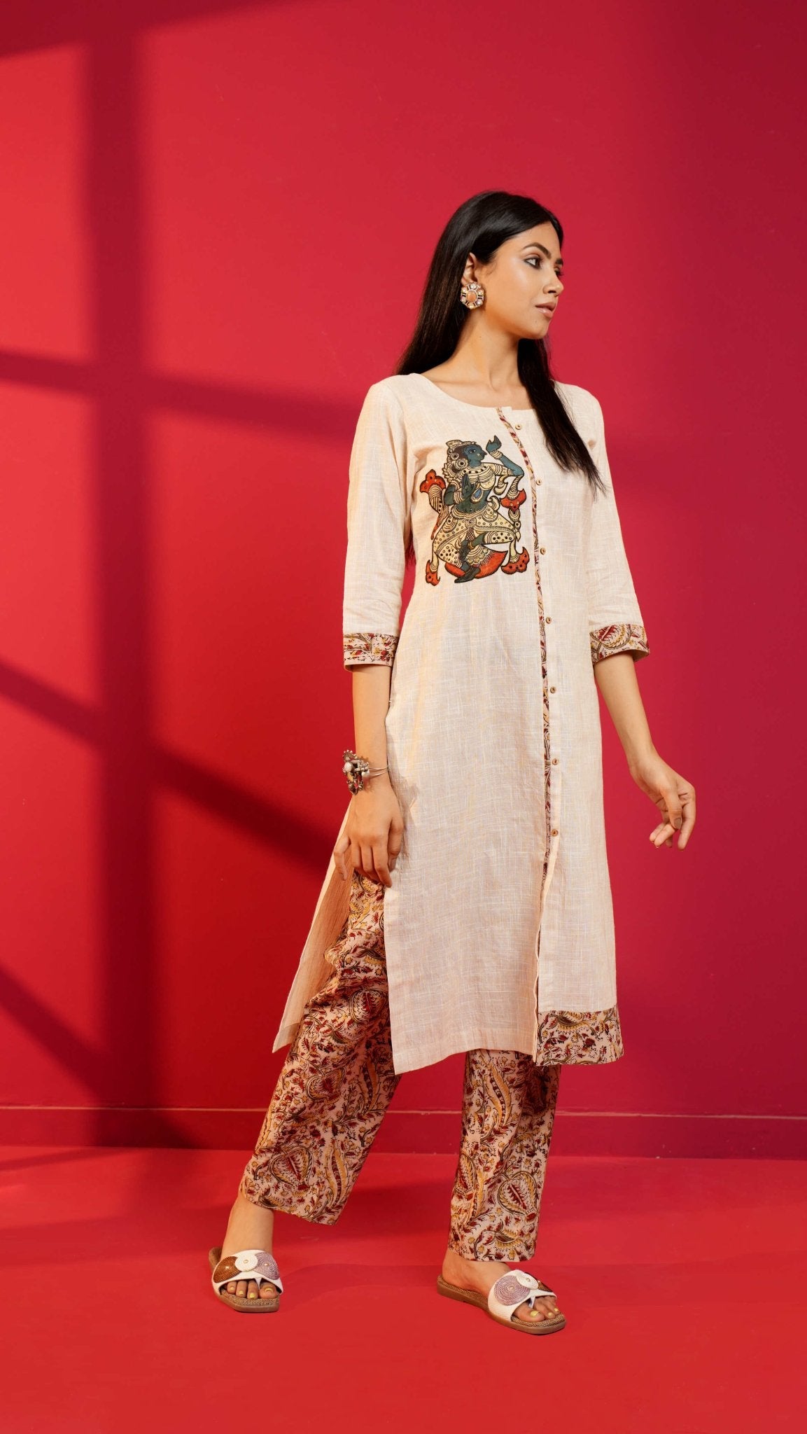 Beige Handloom Cotton Hand - Embroidered Straight Kurta and Pant - Ritivesh By Ritika Aggarwal