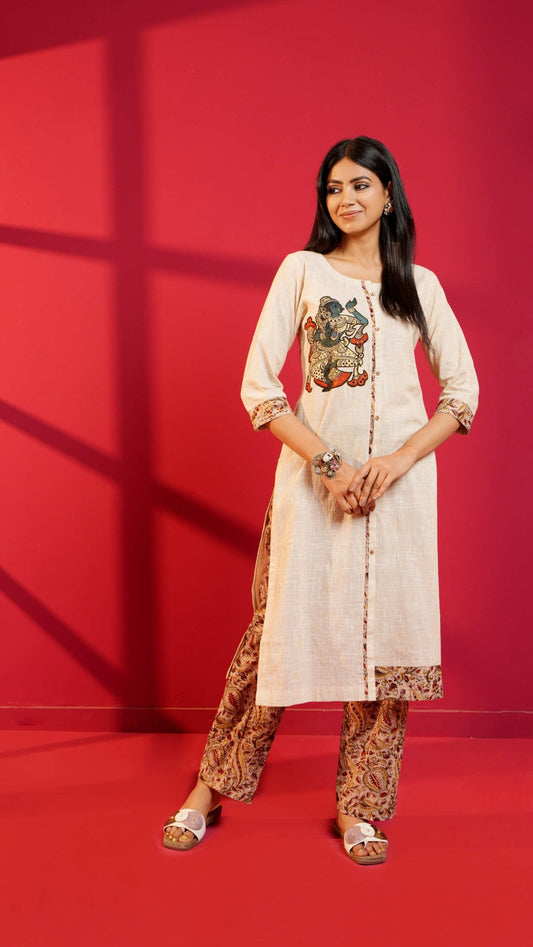Beige Handloom Cotton Hand - Embroidered Straight Kurta and Pant - Ritivesh By Ritika Aggarwal