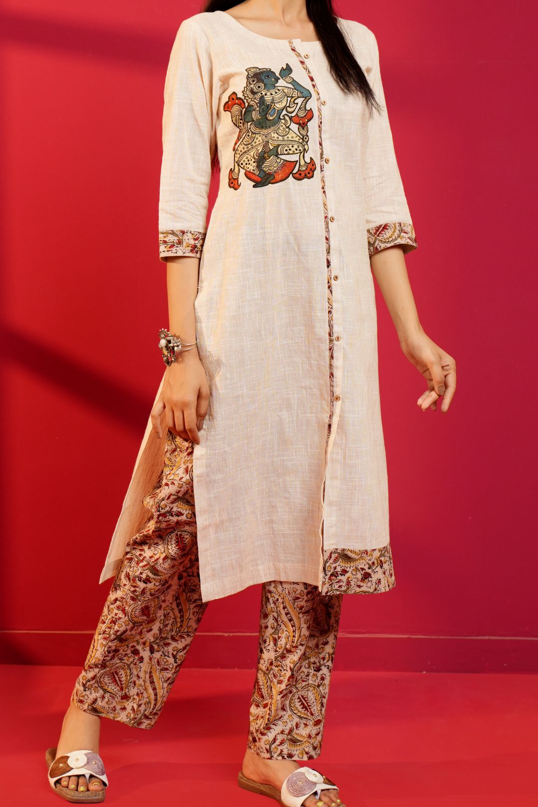 Beige Handloom Cotton Hand - Embroidered Straight Kurta and Pant - Ritivesh By Ritika Aggarwal