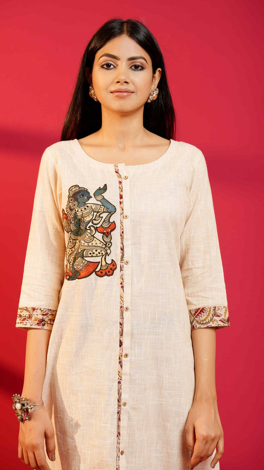 Beige Handloom Cotton Hand - Embroidered Straight Kurta and Pant - Ritivesh By Ritika Aggarwal