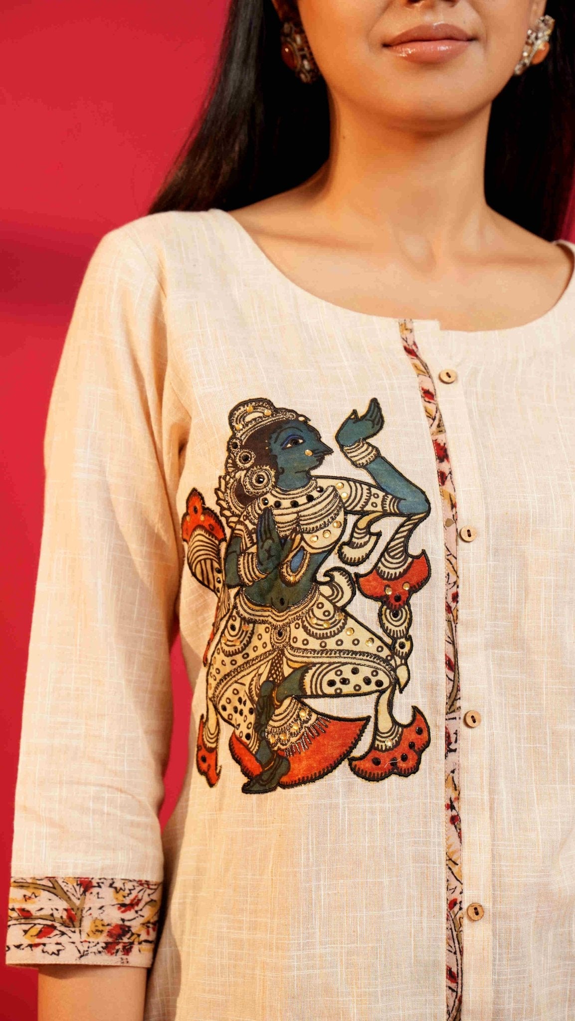 Beige Handloom Cotton Hand - Embroidered Straight Kurta and Pant - Ritivesh By Ritika Aggarwal