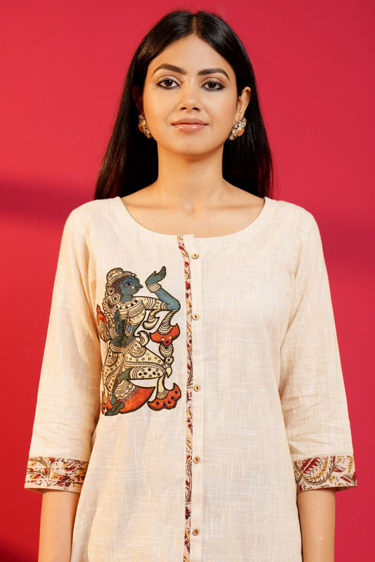 Beige Handloom Cotton Hand - Embroidered Straight Kurta and Pant - Ritivesh By Ritika Aggarwal