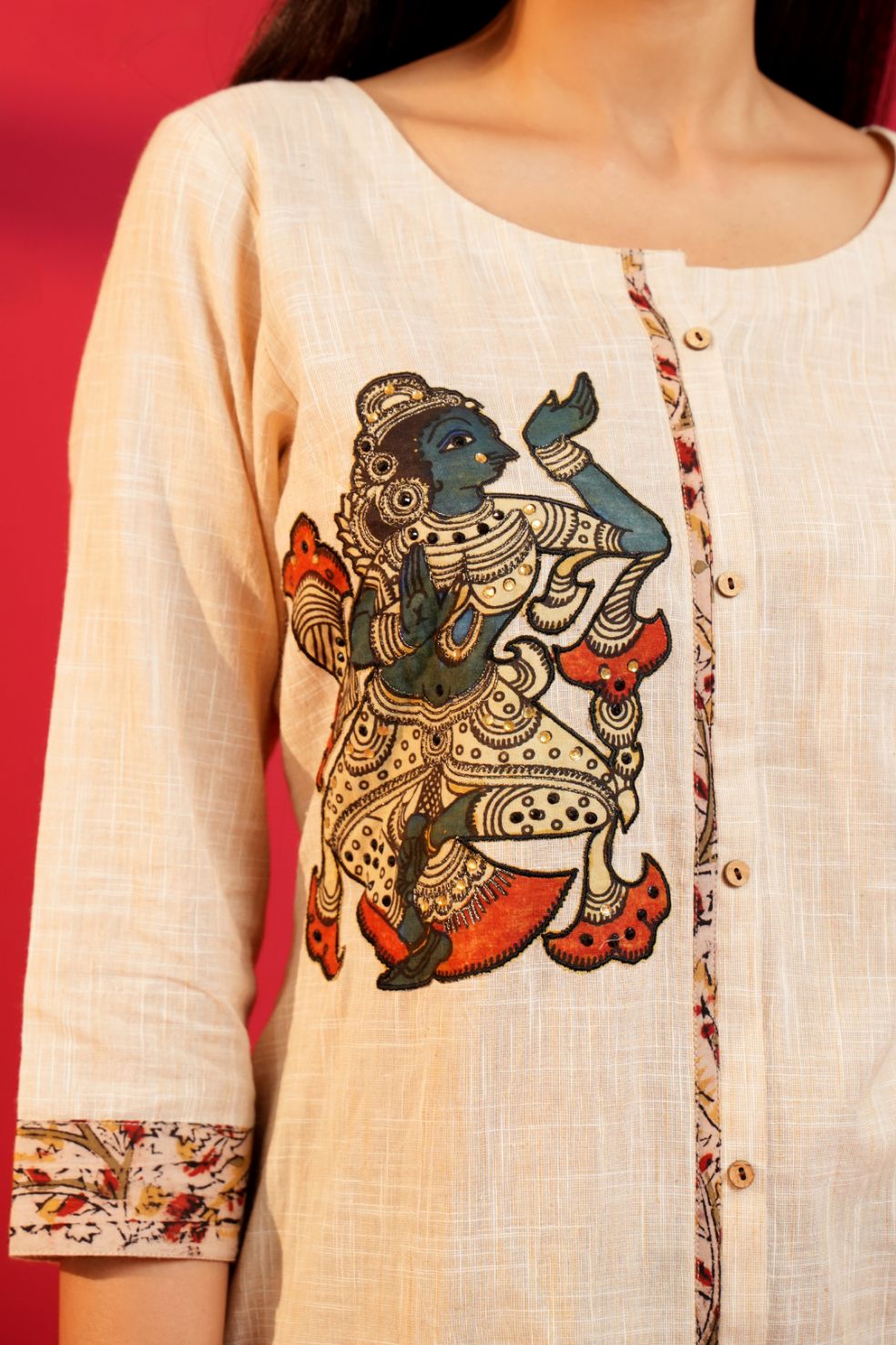 Beige Handloom Cotton Hand - Embroidered Straight Kurta and Pant - Ritivesh By Ritika Aggarwal