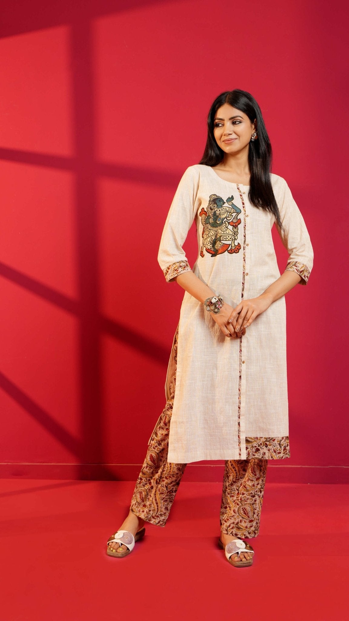 Beige Handloom Cotton Hand - Embroidered Straight Kurta and Pant - Ritivesh By Ritika Aggarwal