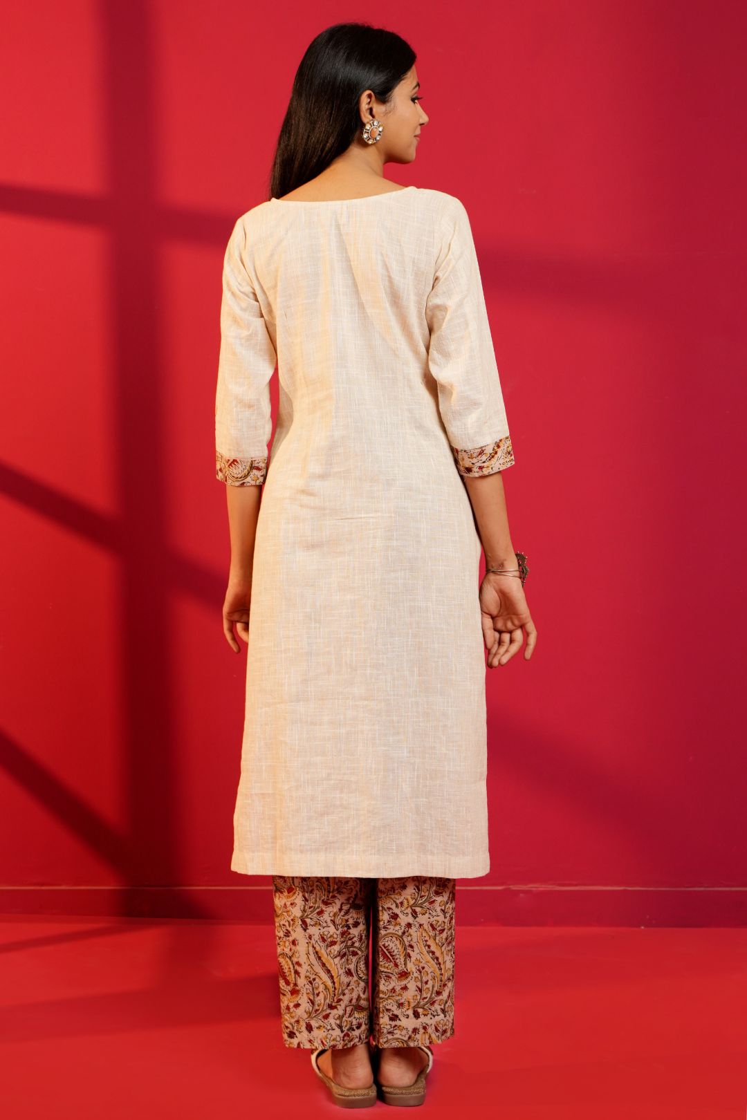 Beige Handloom Cotton Hand - Embroidered Straight Kurta and Pant - Ritivesh By Ritika Aggarwal