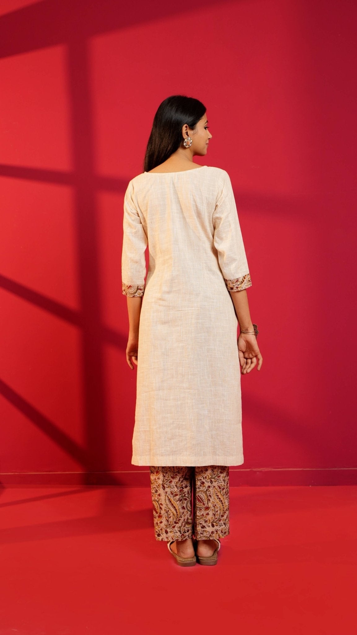 Beige Handloom Cotton Hand - Embroidered Straight Kurta and Pant - Ritivesh By Ritika Aggarwal