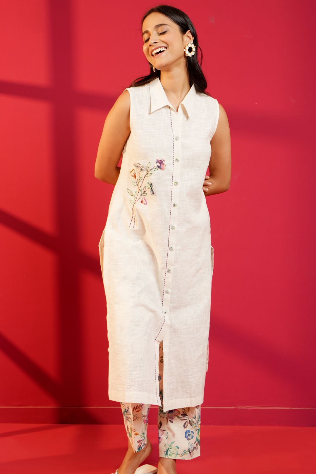 Beige Handloom Cotton Hand - Embroidered Straight Kurta & Pant - Ritivesh By Ritika Aggarwal