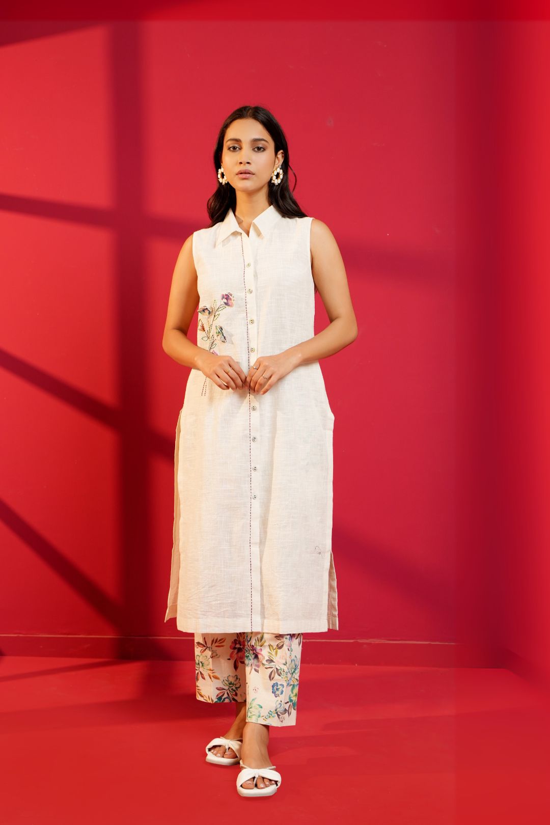 Beige Handloom Cotton Hand - Embroidered Straight Kurta & Pant - Ritivesh By Ritika Aggarwal