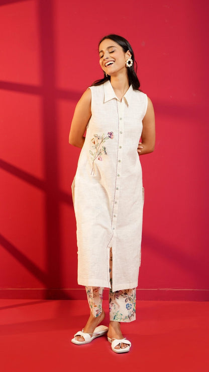 Beige Handloom Cotton Hand - Embroidered Straight Kurta & Pant - Ritivesh By Ritika Aggarwal