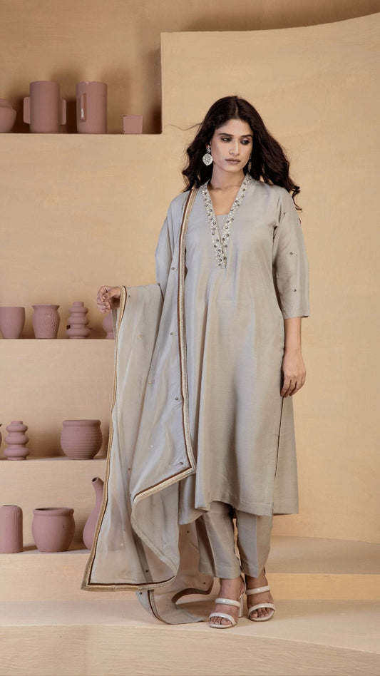 Beige Kurta Set with delicate hand embroidered neckline and matching Bordered organza dupatta - Ritivesh By Ritika Aggarwal
