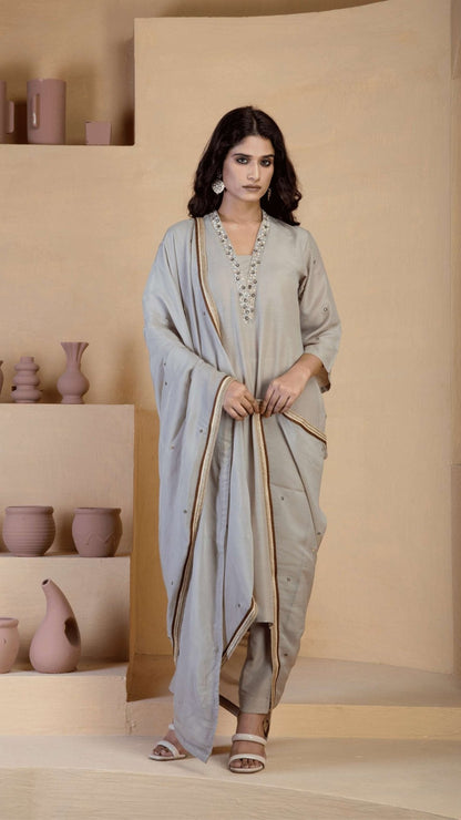 Beige Kurta Set with delicate hand embroidered neckline and matching Bordered organza dupatta - Ritivesh By Ritika Aggarwal