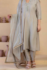 Beige Kurta Set with delicate hand embroidered neckline and matching Bordered organza dupatta - Ritivesh By Ritika Aggarwal