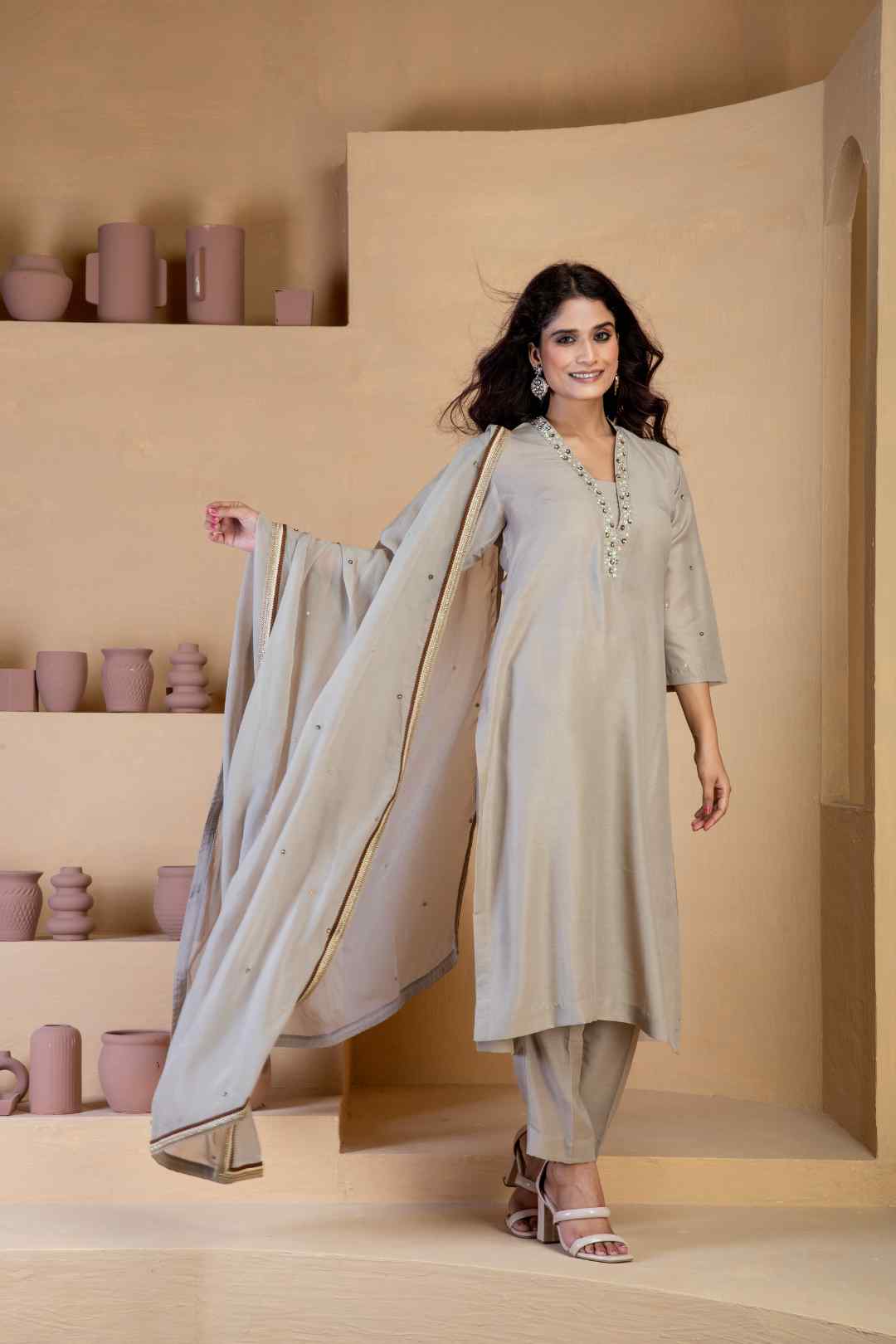 Beige Kurta Set with delicate hand embroidered neckline and matching Bordered organza dupatta - Ritivesh By Ritika Aggarwal