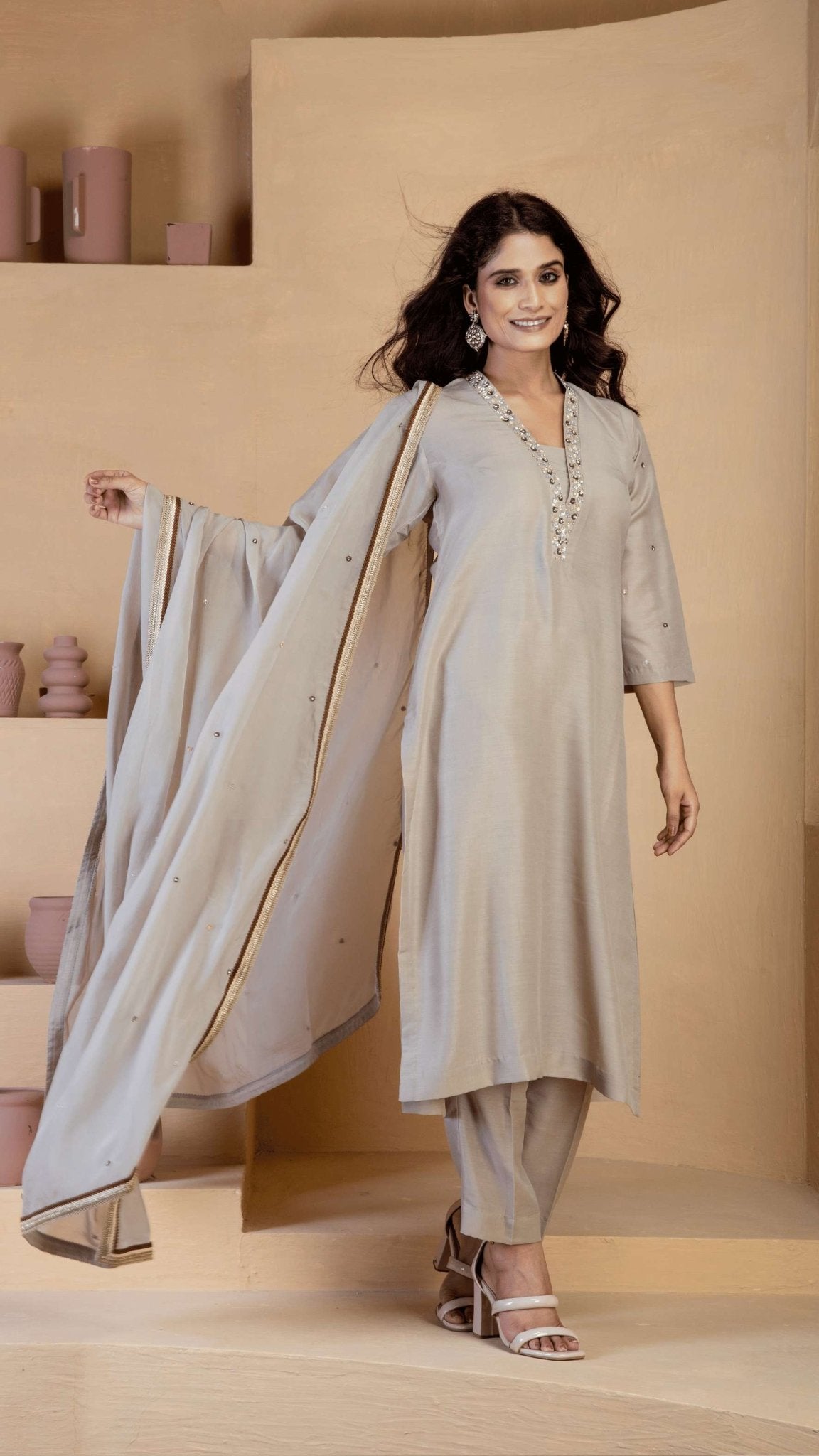 Beige Kurta Set with delicate hand embroidered neckline and matching Bordered organza dupatta - Ritivesh By Ritika Aggarwal