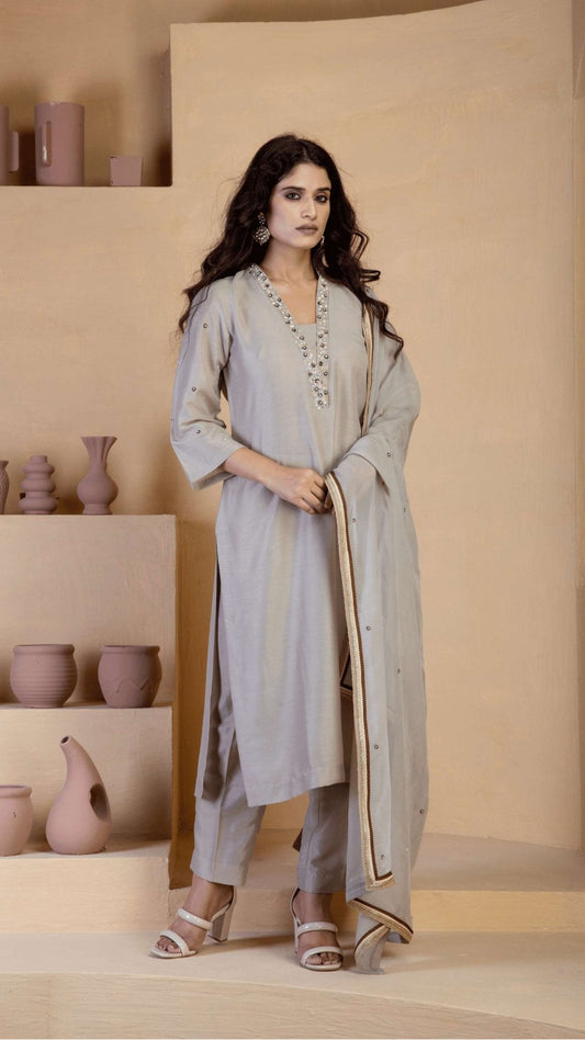 Beige Kurta Set with delicate hand embroidered neckline and matching Bordered organza dupatta - Ritivesh By Ritika Aggarwal