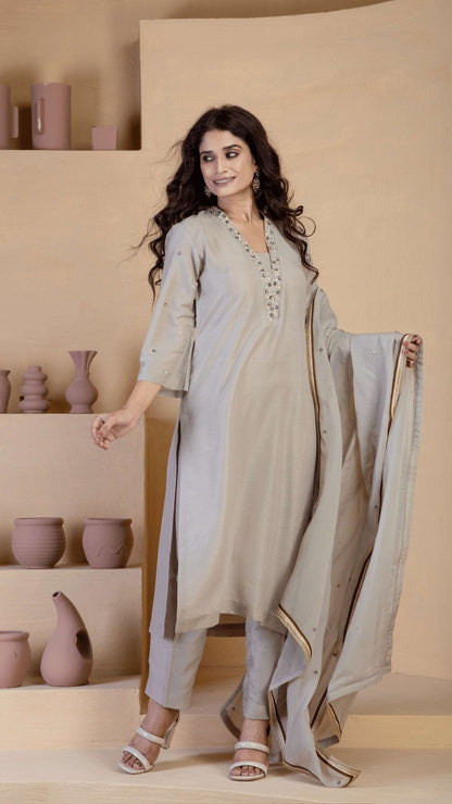 Beige Kurta Set with delicate hand embroidered neckline and matching Bordered organza dupatta - Ritivesh By Ritika Aggarwal