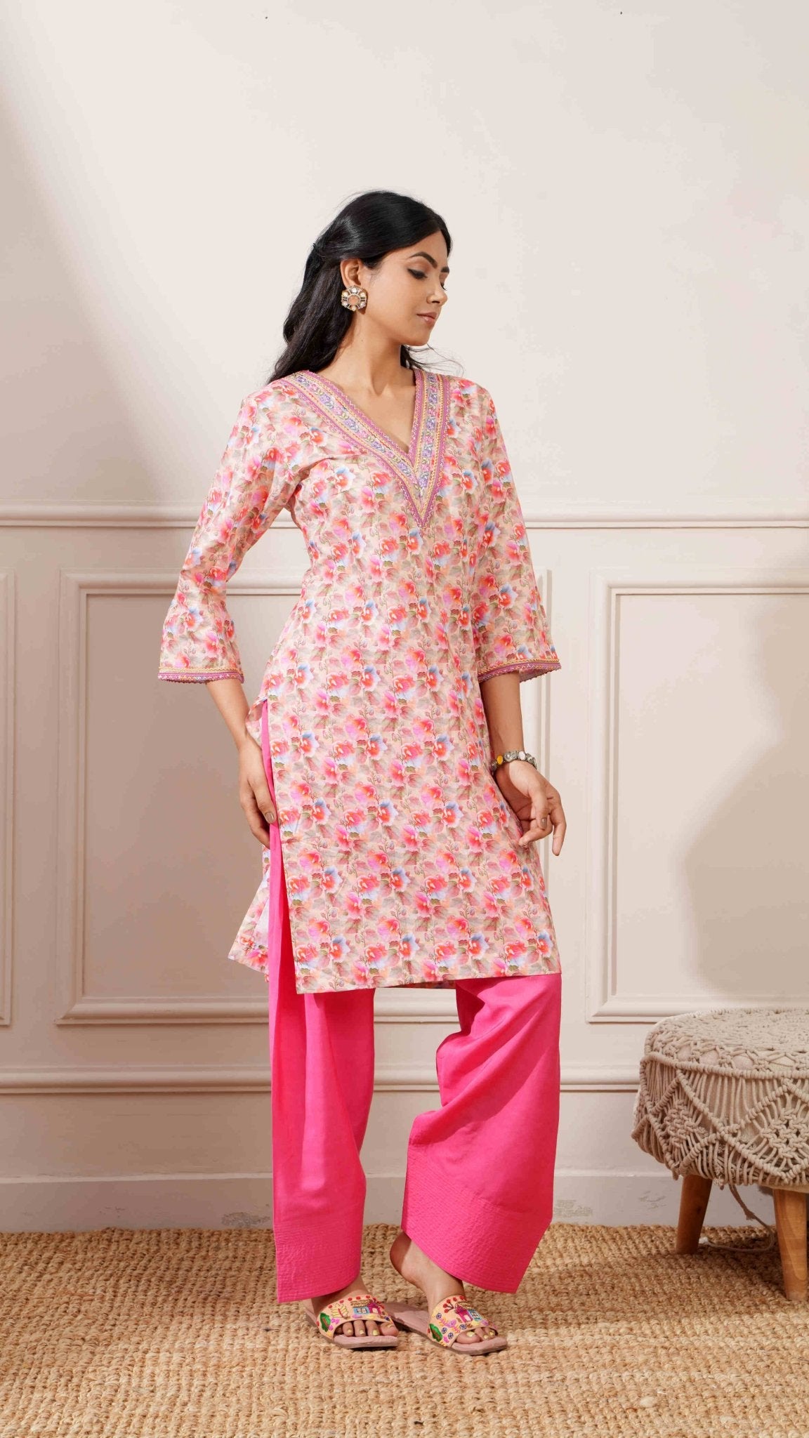 Beige/Gajri Cotton Digital Print Straight Kurta with Pant - Ritivesh By Ritika Aggarwal