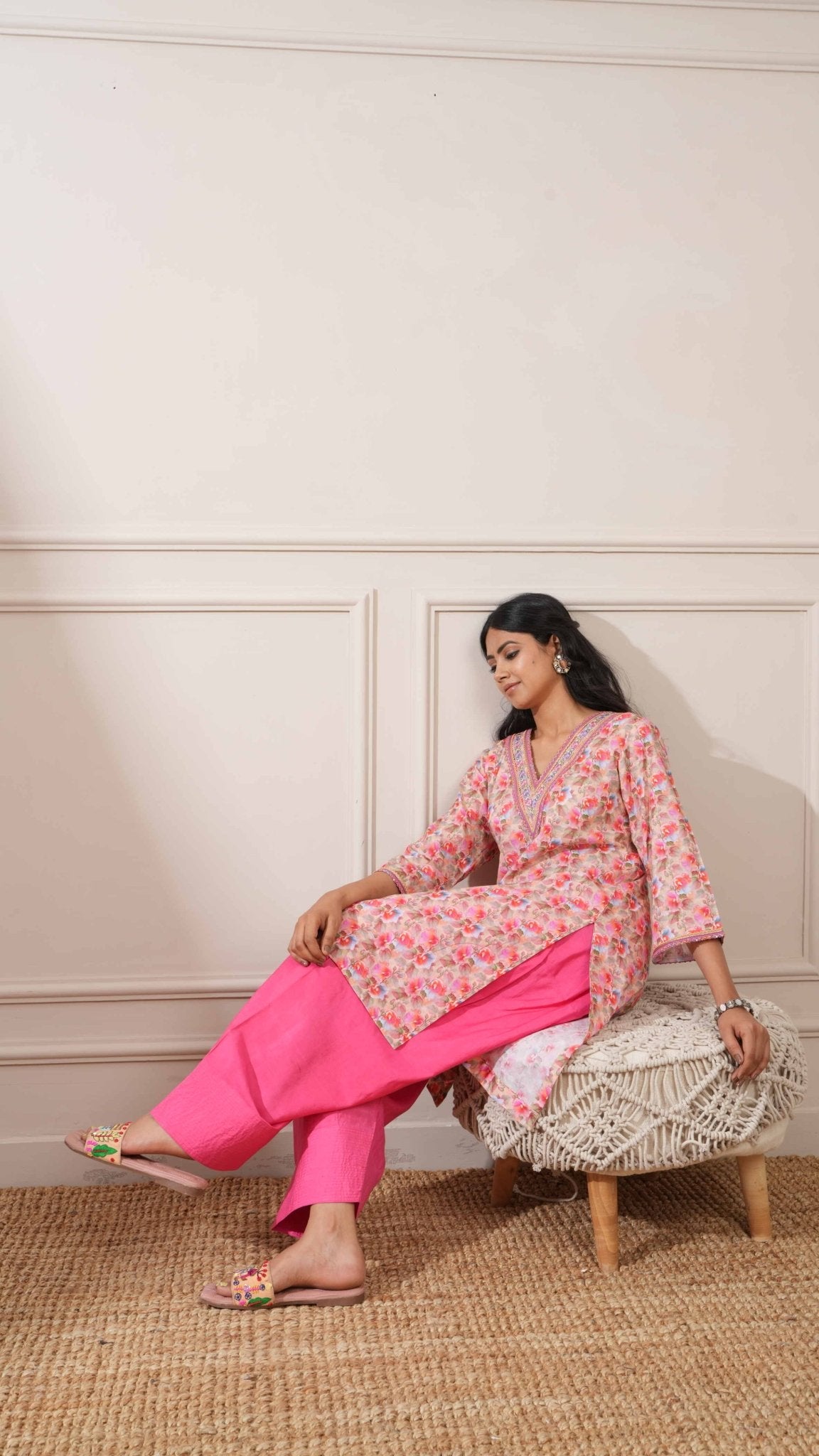 Beige/Gajri Cotton Digital Print Straight Kurta with Pant - Ritivesh By Ritika Aggarwal