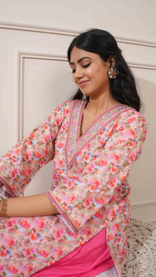 Beige/Gajri Cotton Digital Print Straight Kurta with Pant - Ritivesh By Ritika Aggarwal
