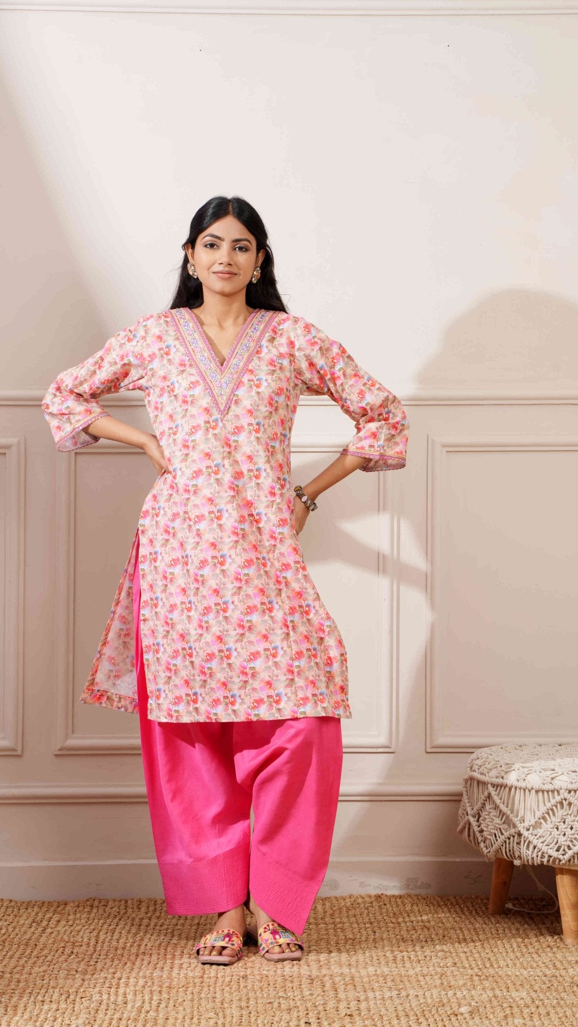 Beige/Gajri Cotton Digital Print Straight Kurta with Pant - Ritivesh By Ritika Aggarwal