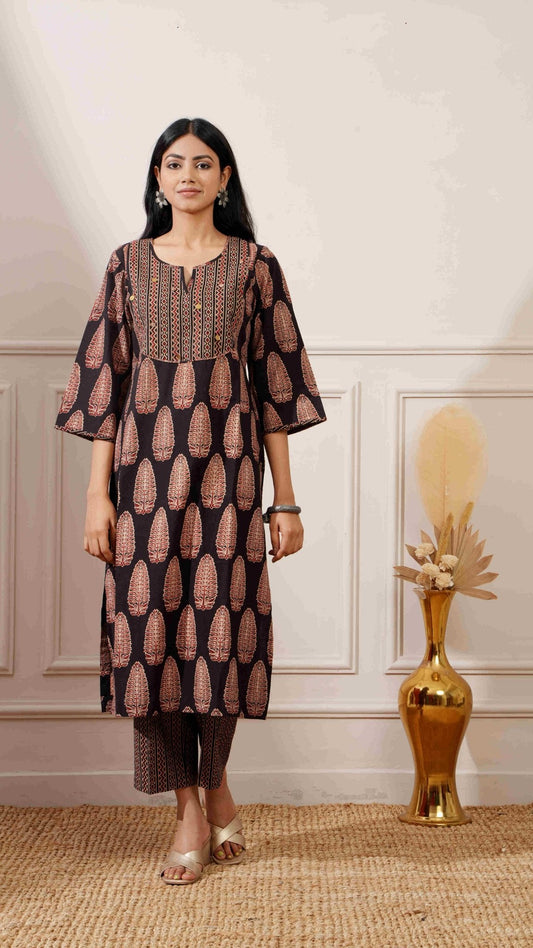 Black Bagru Print Cotton Straight Kurta & Pant - Ritivesh By Ritika Aggarwal
