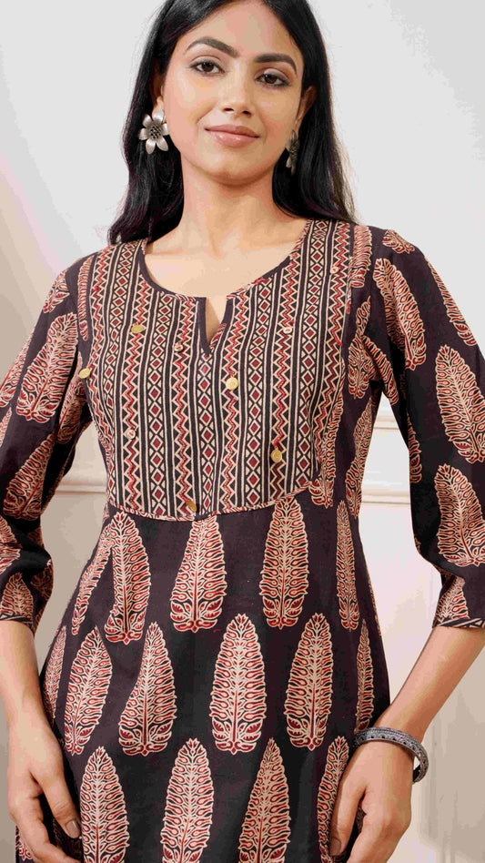 Black Bagru Print Cotton Straight Kurta & Pant - Ritivesh By Ritika Aggarwal