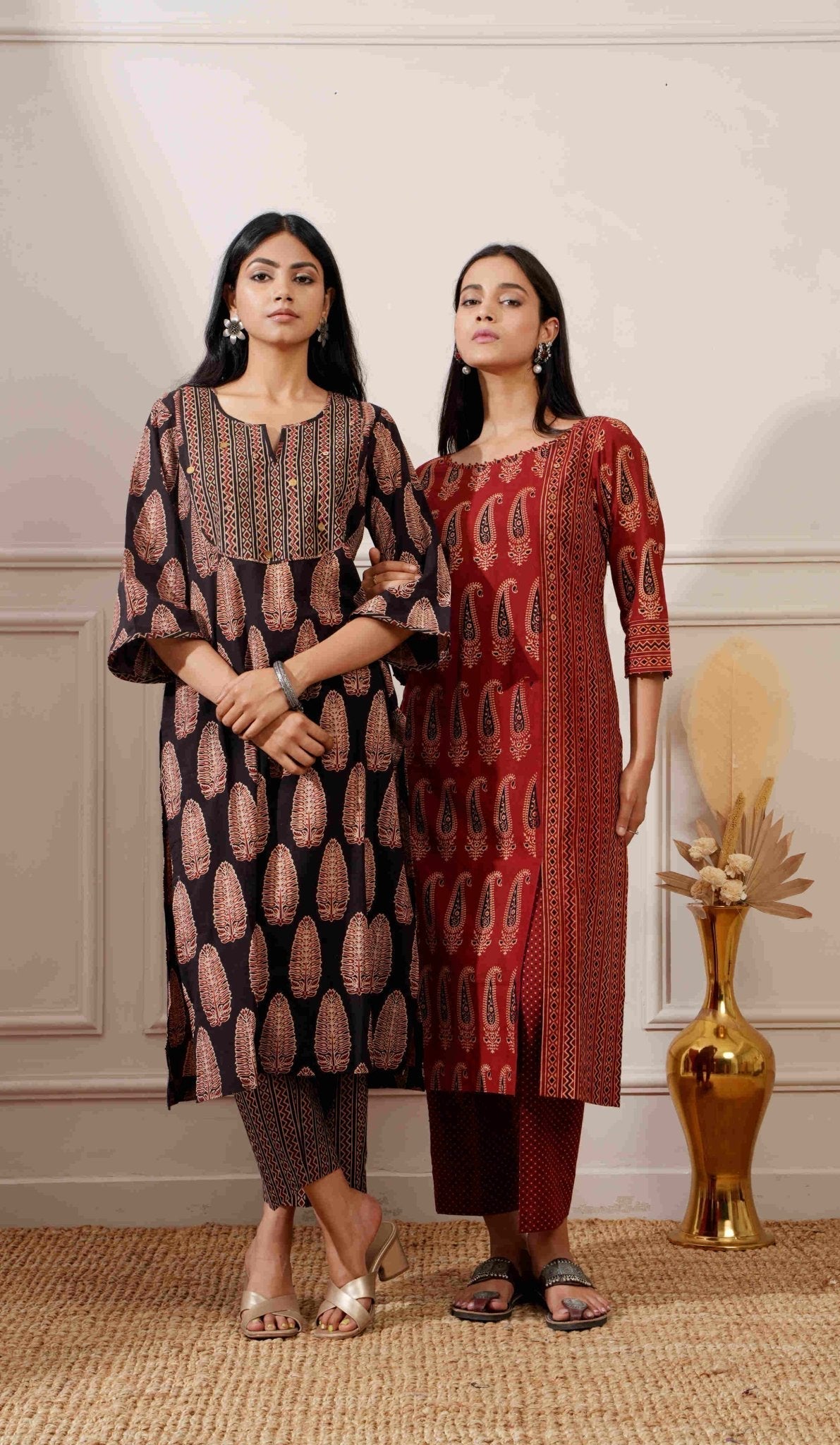 Black Bagru Print Cotton Straight Kurta & Pant - Ritivesh By Ritika Aggarwal