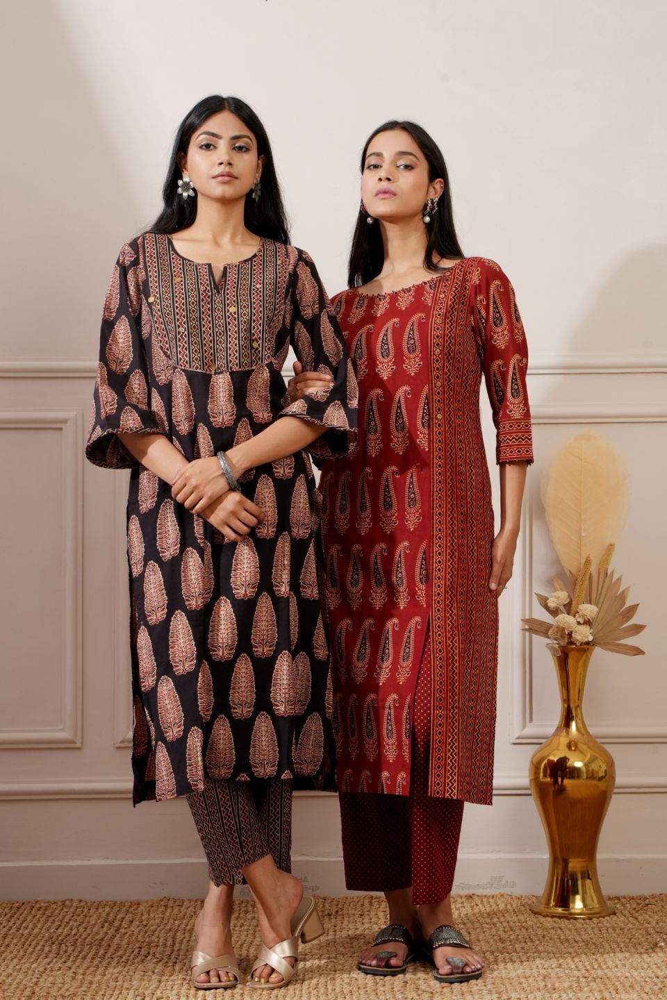 Black Bagru Print Cotton Straight Kurta & Pant - Ritivesh By Ritika Aggarwal